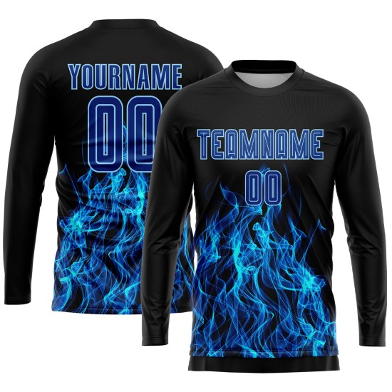 Blue Custom Flame Uniform Sublimation Royal-Light Black Jersey Soccer